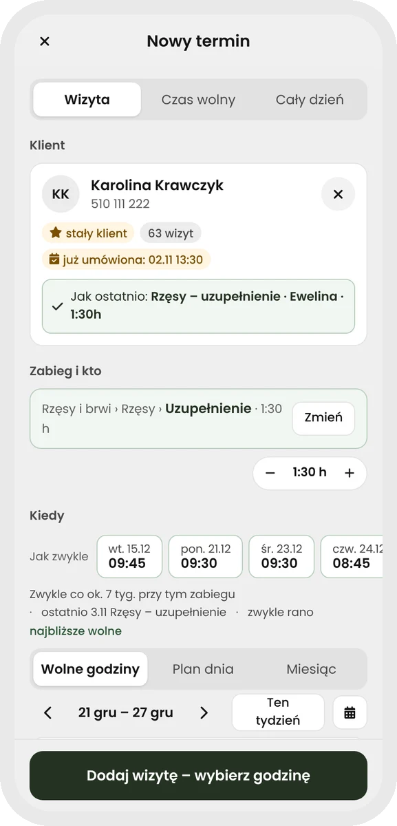 Plansy — nowy termin z podpowiedziami według rytmu wizyt klientki