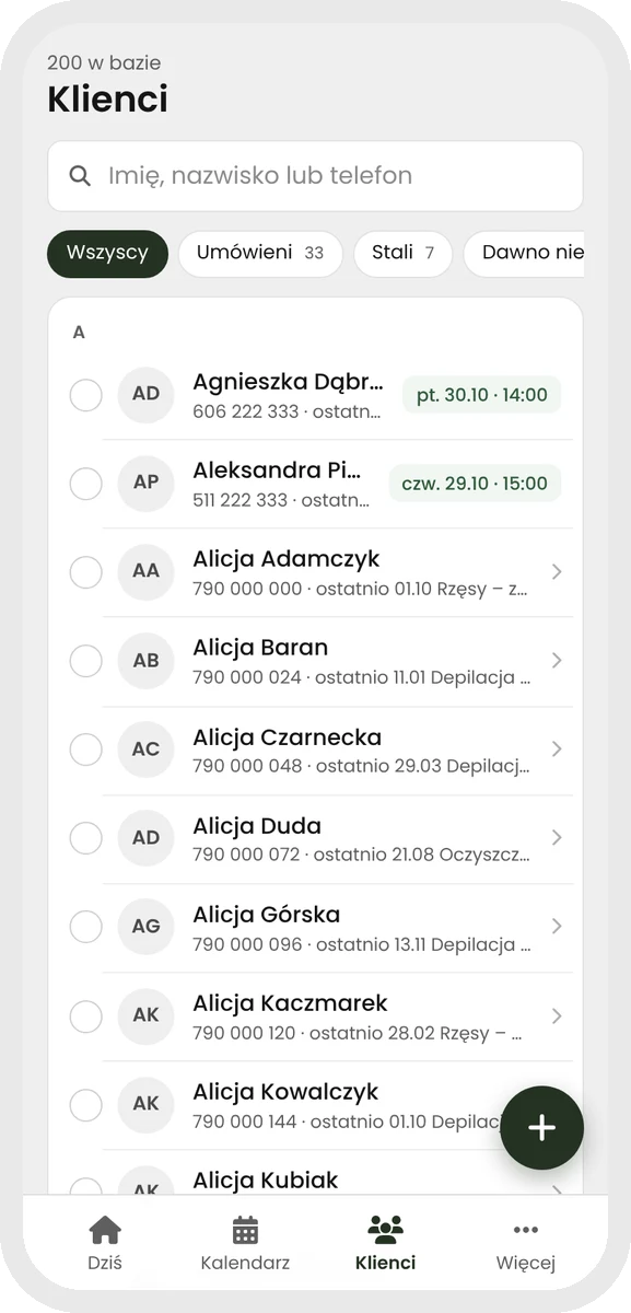 Plansy — baza klientek z ostatnią i najbliższą wizytą