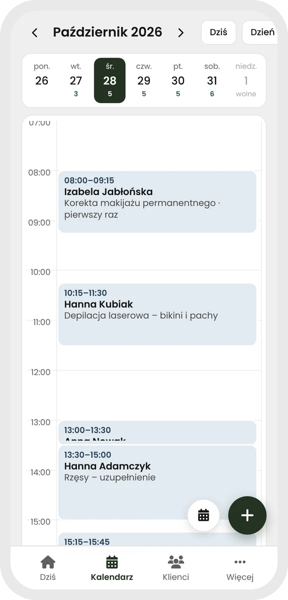 Plansy — widok dnia z wizytami w kolorze pracownika