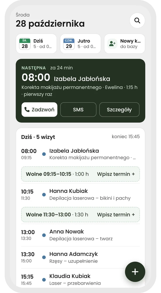 Plansy — ekran „Dziś”: najbliższa wizyta, plan dnia i wolne okienka