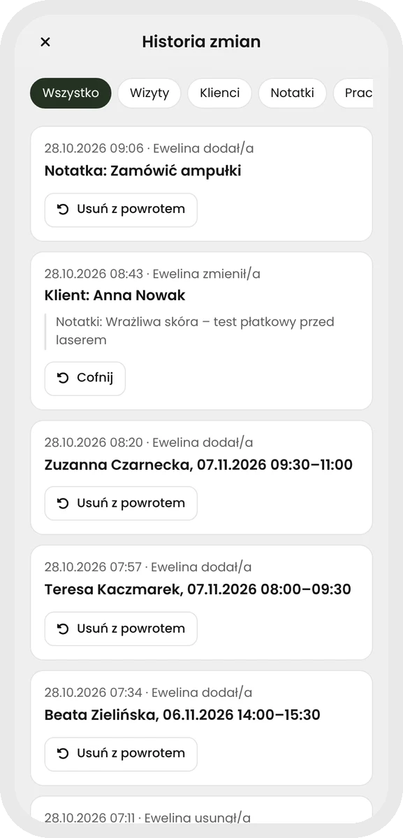 Plansy — historia zmian z możliwością cofnięcia