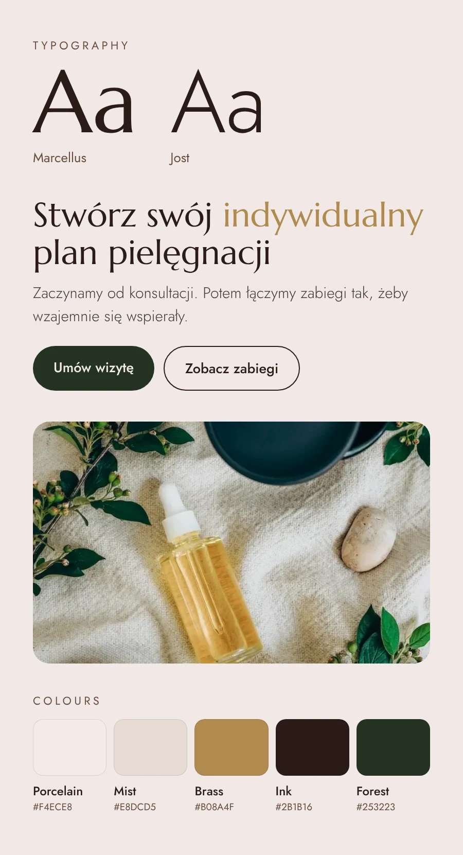 Zwierciadło Urody — typefaces, colour palette and buttons of the website