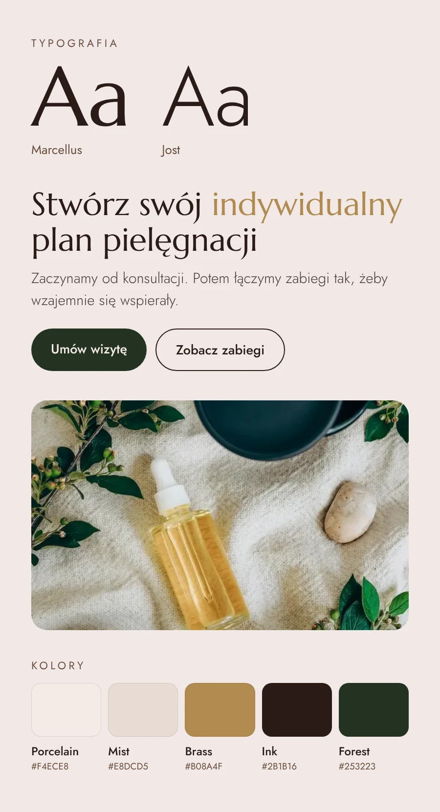 Zwierciadło Urody — kroje pisma, paleta kolorów i przyciski strony