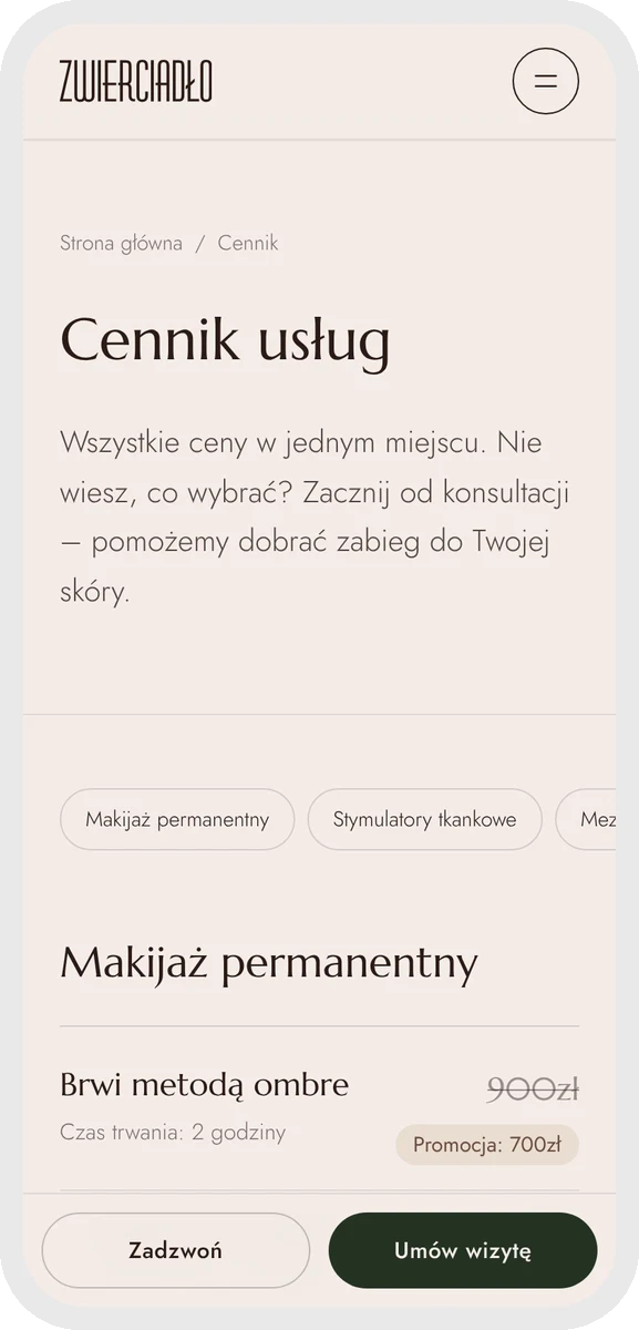 Zwierciadło Urody na telefonie — cennik usług z promocjami