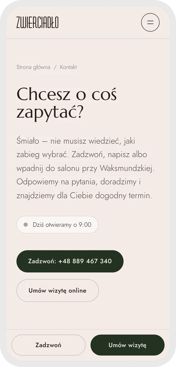 Zwierciadło Urody na telefonie — kontakt z informacją, kiedy salon jest otwarty